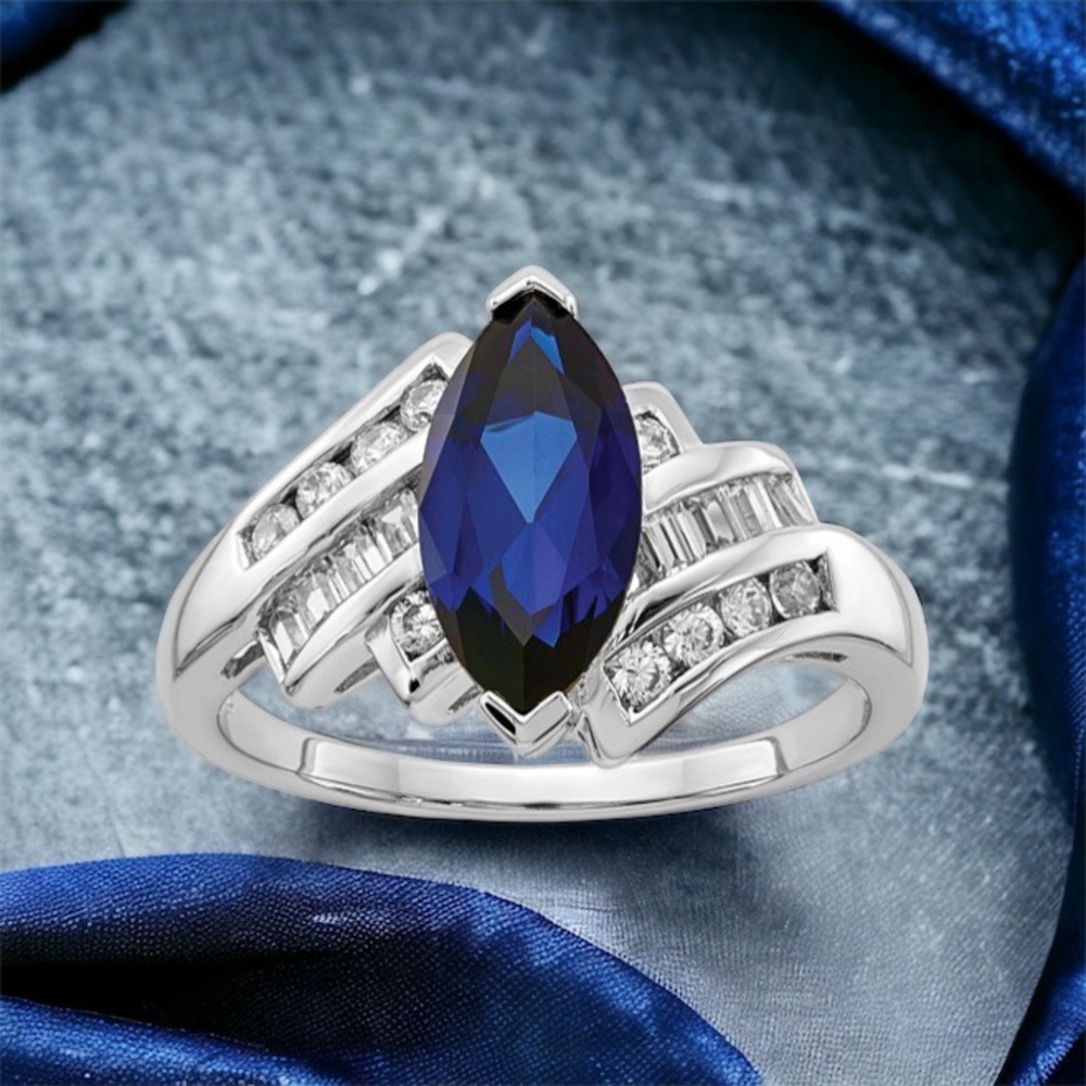 Silver Blue Sapphire Marquise and CZ Ring